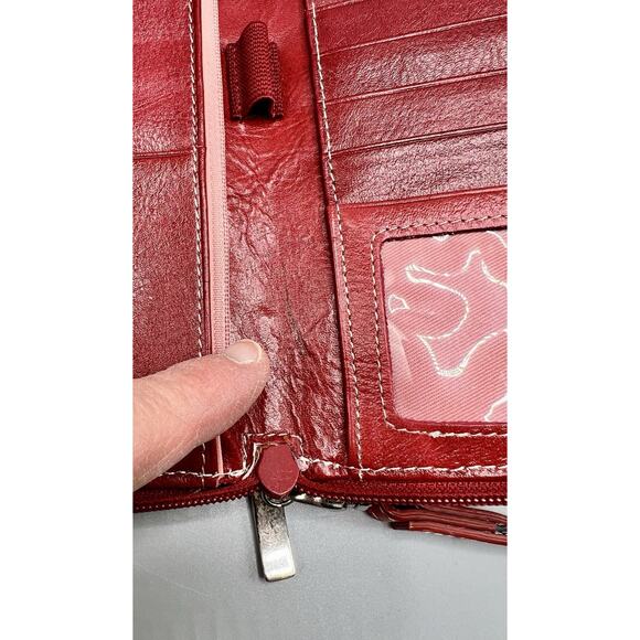 Fossil Red Leather Zip Around Travel Passport Organizer Wristlet Wallet Purse - Picture 10 of 16